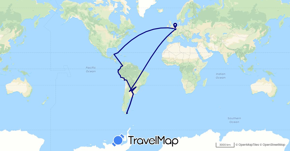 TravelMap itinerary: driving in Argentina, Belgium, Bolivia, Brazil, Colombia, Cuba, Ecuador, France, Mexico, Peru (Europe, North America, South America)